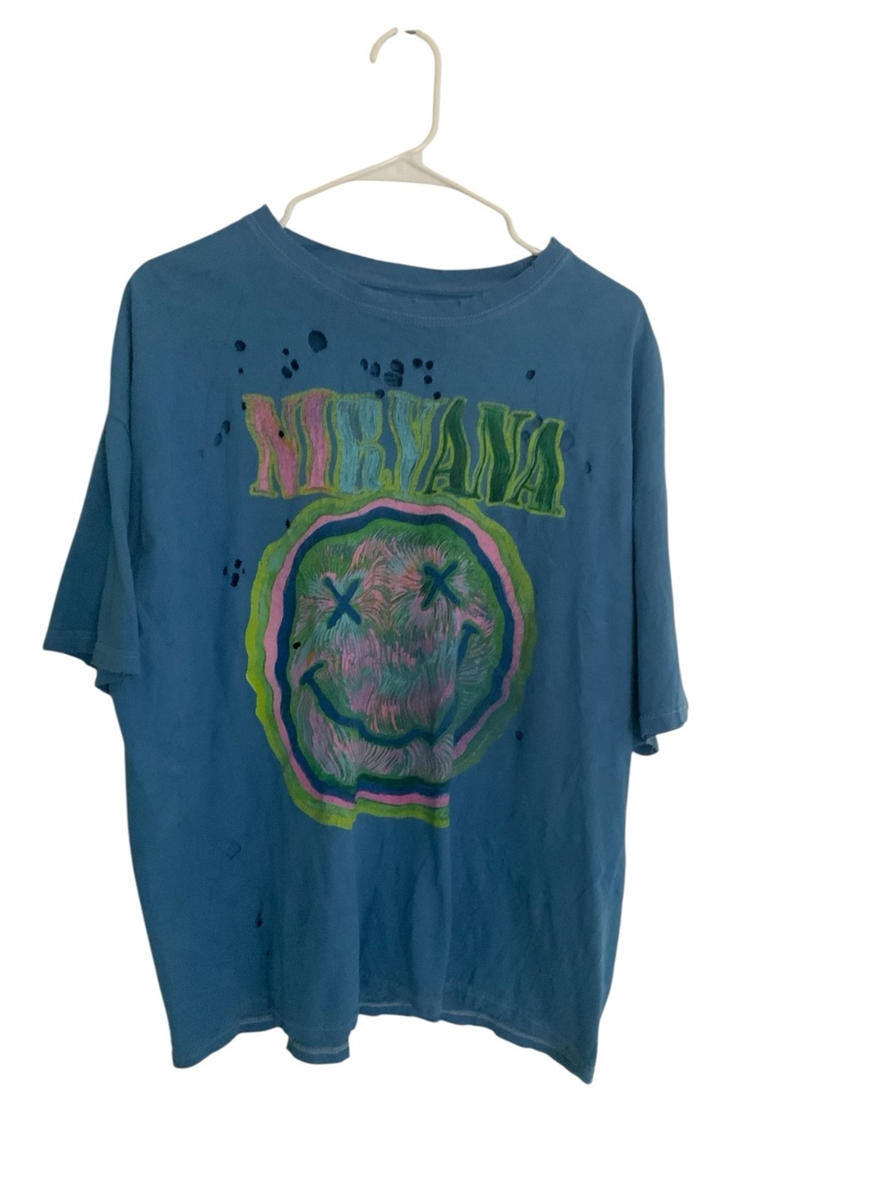 NIRVANA Women’s Oversized Blue Graphic Tee with Neon Smiley